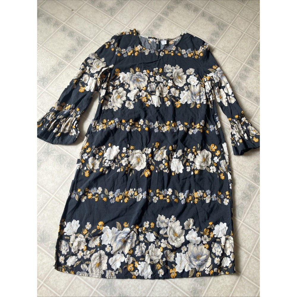 Old Navy 3/4 Bell Sleeve Floral Shift Dress Size Large Tall Gray Multicolor